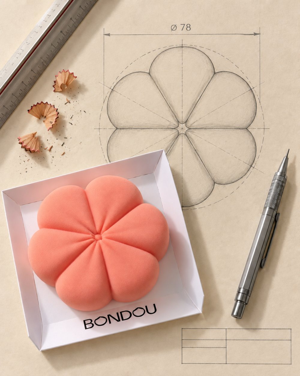 La flor rosa real sobre su plano: dibujo técnico a lápiz con cotas, regla de escala y portaminas